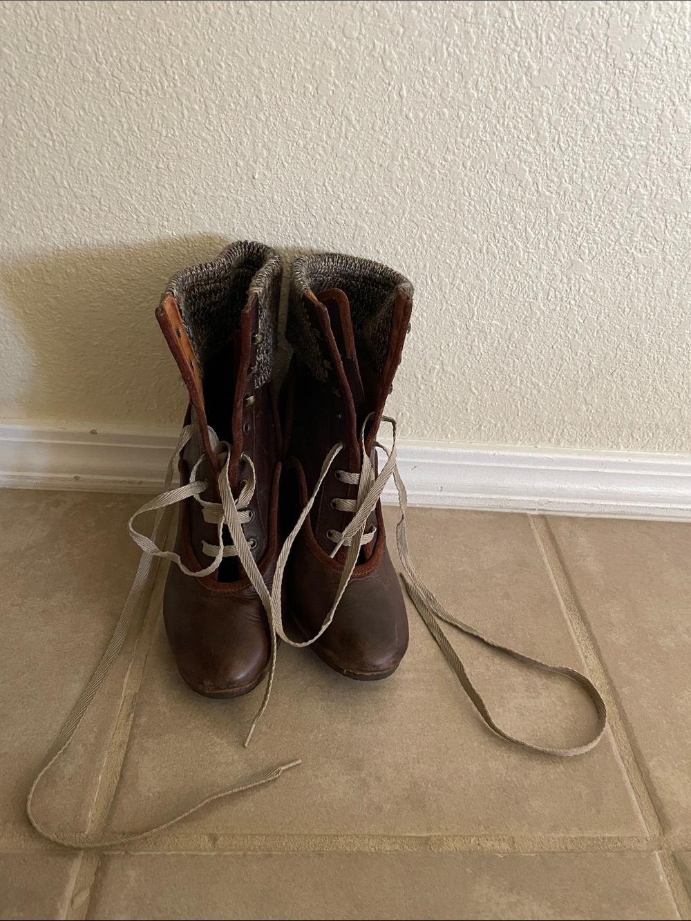 Chloe Brown Leather Lace-Up Boots with Knit Cuff